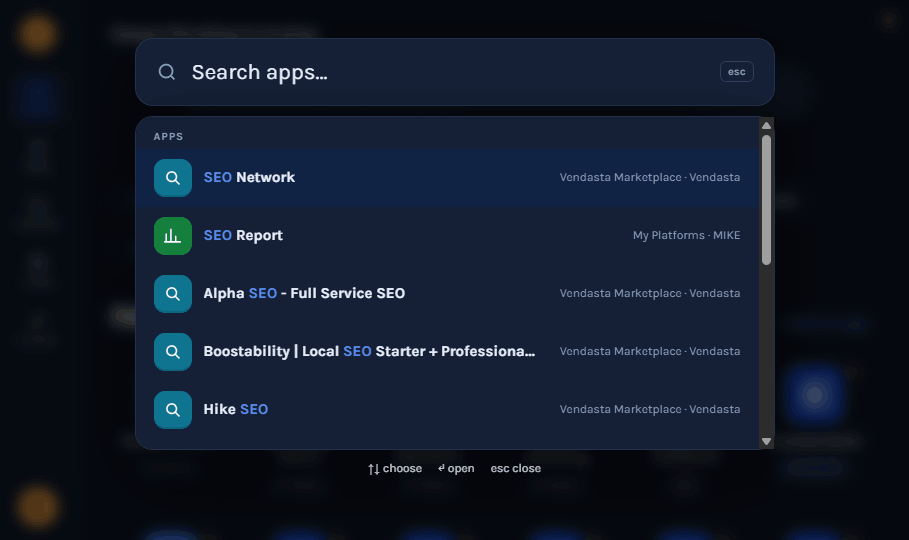 Searching the platform for SEO: SEO Network, SEO Report, Alpha SEO Full Service, Boostability Local SEO Starter + Professional Backlinks, Hike SEO — each labelled with the marketplace it comes from