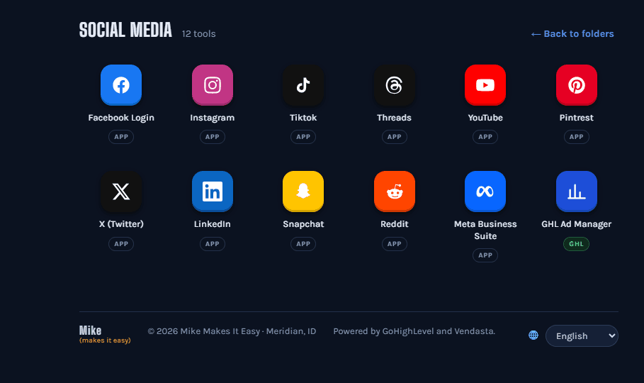 The Social Media folder, 12 tools: Facebook Login, Instagram, TikTok, Threads, YouTube, Pinterest, X (Twitter), LinkedIn, Snapchat, Reddit, Meta Business Suite and GHL Ad Manager