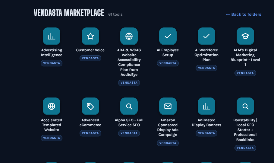 The Vendasta Marketplace folder open, 61 tools: Advertising Intelligence, Customer Voice, ADA & WCAG Website Accessibility Compliance Plan, AI Employee Setup, AI Workforce Optimization Plan, ALM's Digital Marketing Blueprint, Accelerated Templated Website, Advanced eCommerce, Alpha SEO Full Service, Amazon Sponsored Display Ads, Animated Display Banners, Boostability Local SEO and more